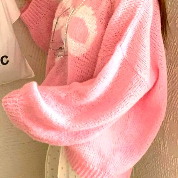 O/S CASUAL ELEGANT PINK BOW KNOT LONG SLEEVE CREW NECK SPANDEX KNIT SWEATER - Picture 4 of 4